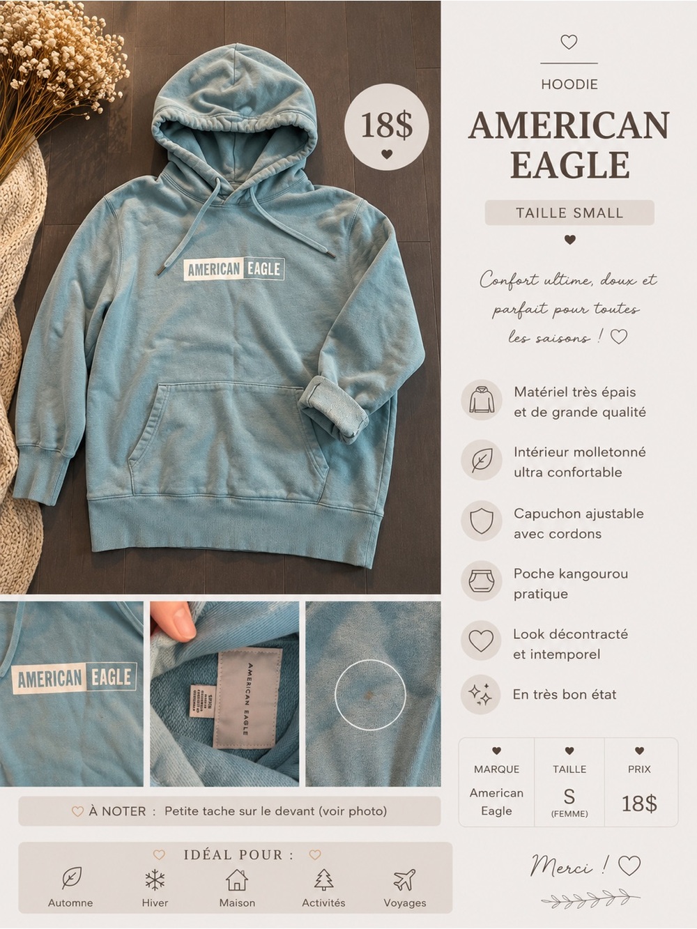 American Eagle Outfitters Light Teal Pullover Hoodie